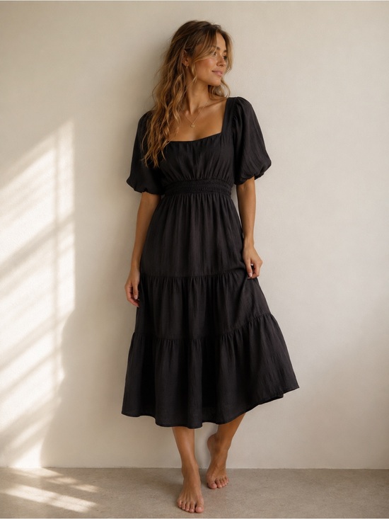 HYFVE Dresses & Skirts - HYFVE Black Puff-Sleeve Tiered Midi Dress